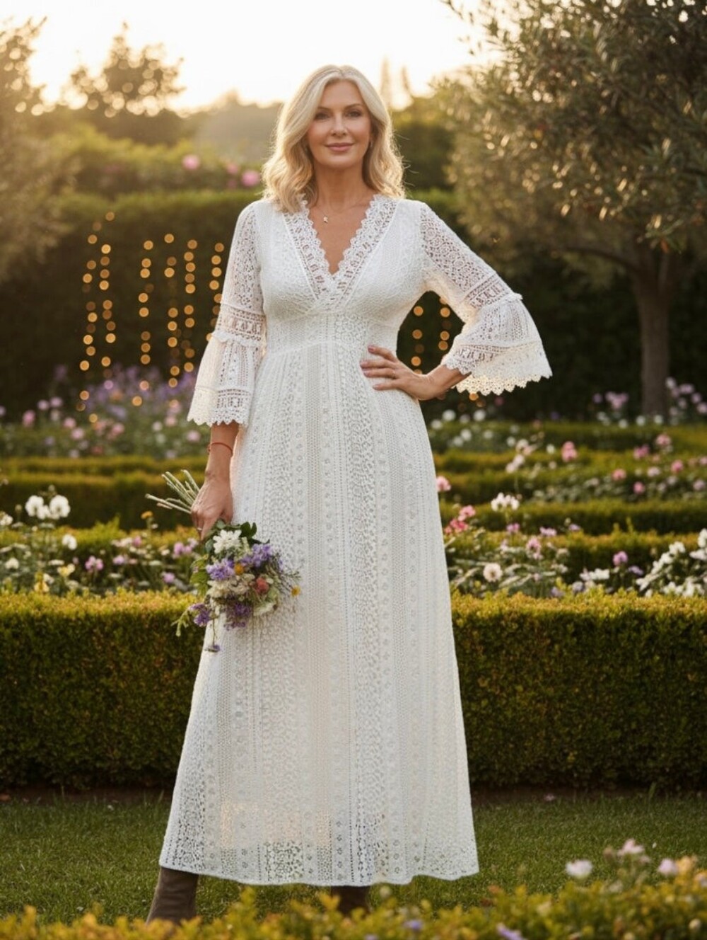 Fashion Women's Floral Lace Wedding Dress,3/4 Sleeve, Large, Boho,Party